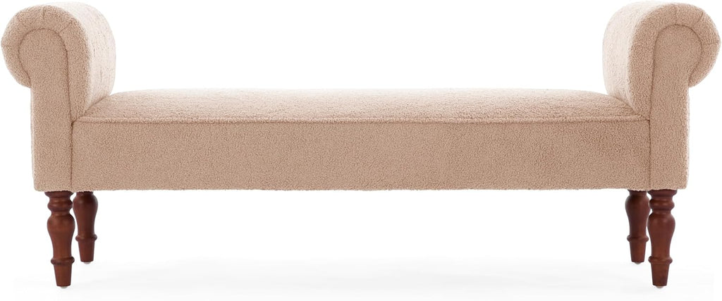 Merax 59' Upholstered Teddy Bench with Rolled Arms, End of Bed Bench with Cushion & Solid Wood Legs for Bedroom, Living Room, Entryway, Light Khaki