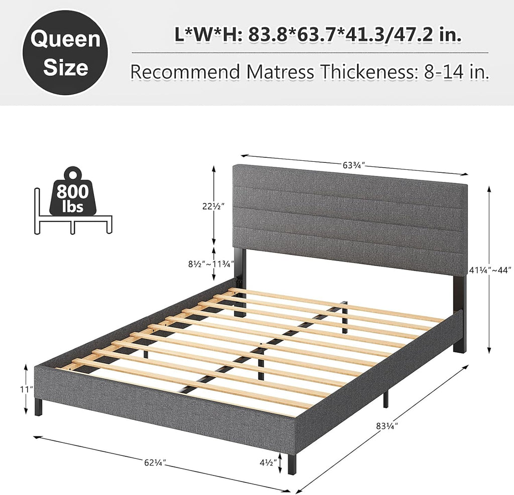 Furnihome Queen Bed Frame, Modern Upholstered Bed Frame with Adjustable Linen Headboard, Wooden Slats Support Platform Queen Size Bed Frames, No Box Spring Needed,Easy Assembly,Dark Grey