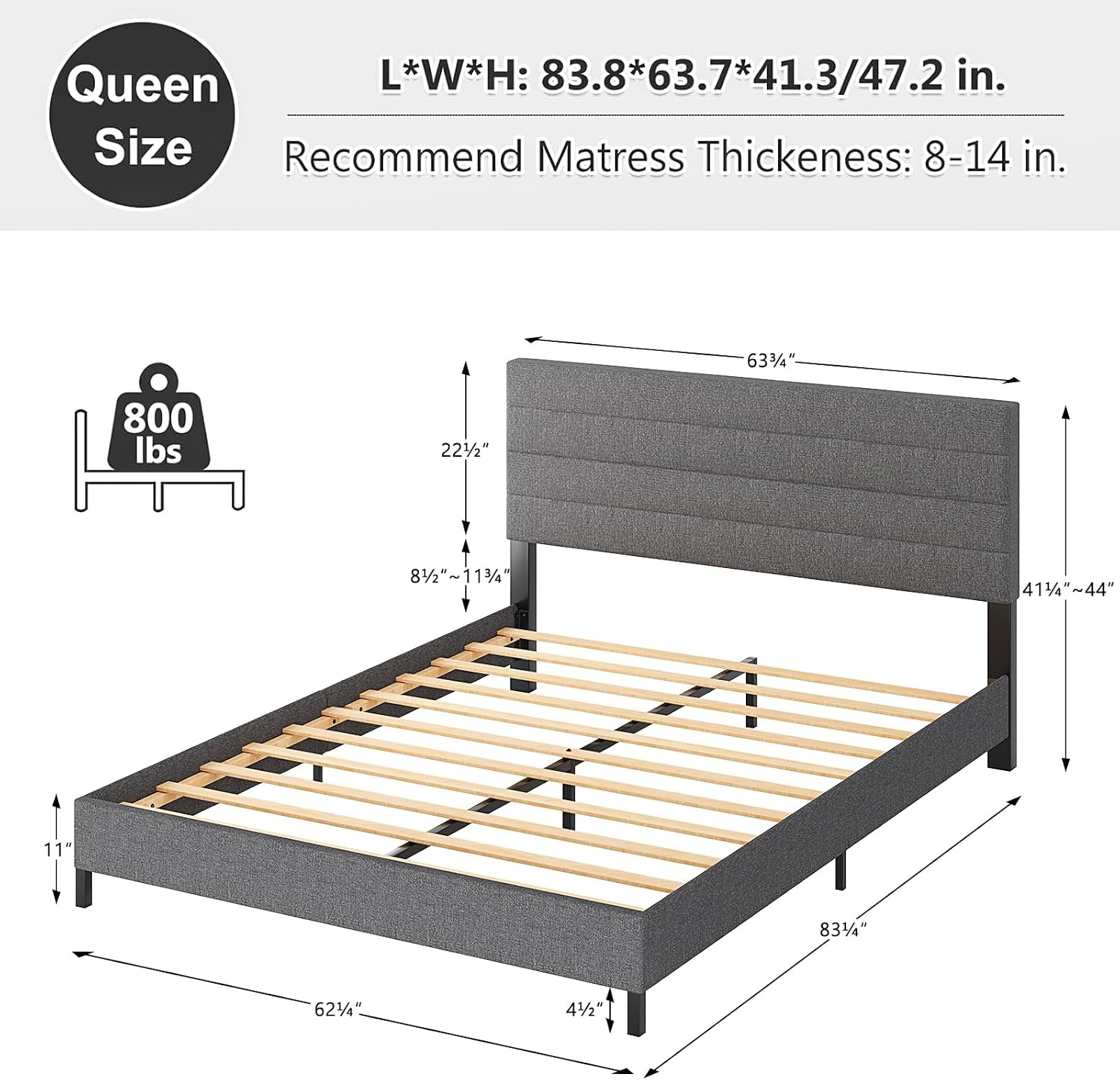 Furnihome Queen Bed Frame, Modern Upholstered Bed Frame with Adjustable Linen Headboard, Wooden Slats Support Platform Queen Size Bed Frames, No Box Spring Needed,Easy Assembly,Dark Grey