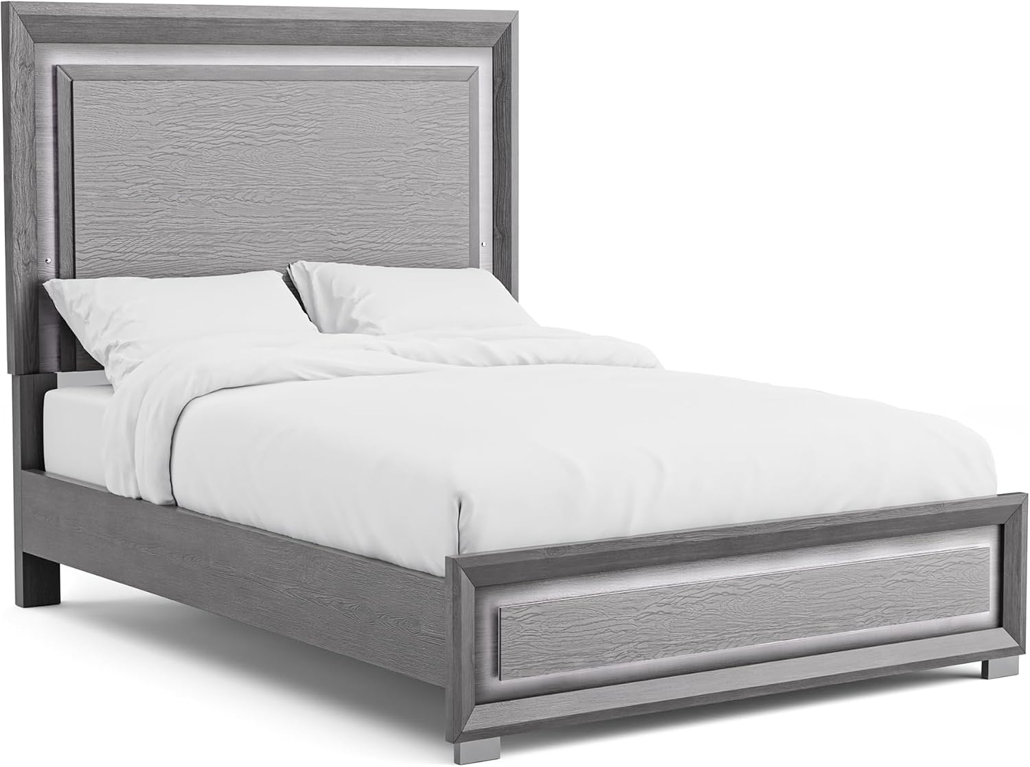 Furniture of America Isadora Transitional Solid Wood 3-Piece Bedroom Set, LED Light Bed and 2 Nightstands with USB Ports for Bedroom, Box Spring Required, Queen, Gray