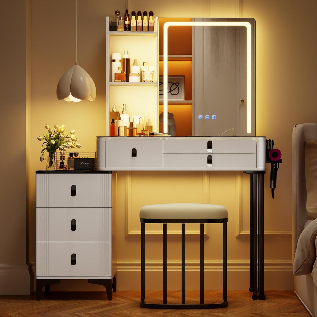 RGB Vanity Desk with Mirror and Lights, Glass Top Makeup Vanity Table with Wireless Charging Station, Dressing Table with Chair & 6 Drawers (White)