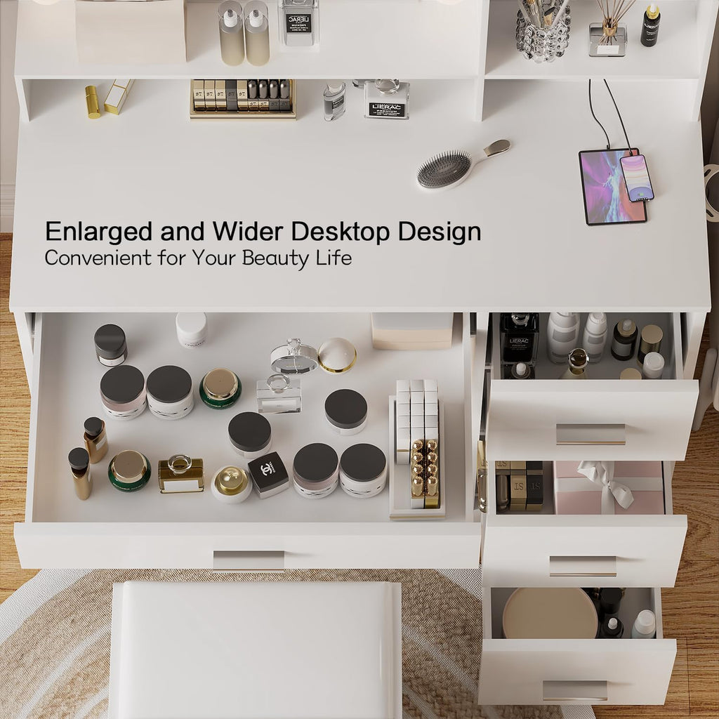 YESHOMY 39' Vanity Desk with Mirror & Lights, Makeup Vanity Table with Power Outlet & Storage Drawers, 3 Color LED Lighting, Dressing Table for Bedroom, White