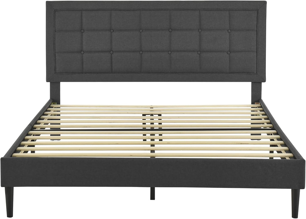 Decoro Mornington Upholstered 2.0 Platform Bed, Button-Tufted Fabric Headboard and Metal Frame with Wood Slat Support, Dark Grey, Full