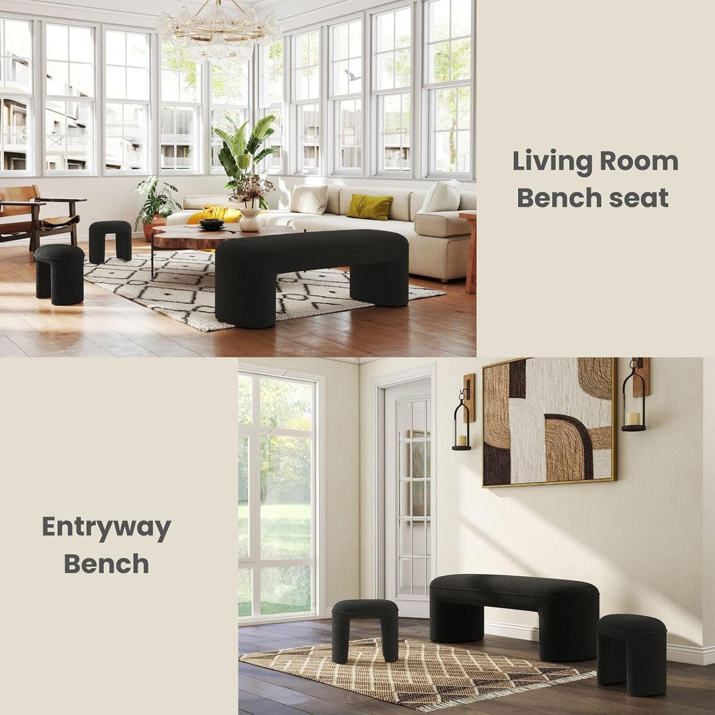 3-Piece Nesting Ottoman Bench Set，53' Long Upholstered End of Bed Bench with 2 15' Foot Stools Sherpa Modern Arched Bench Comfy Entry Bench Vanity Stools for Living Room Bedroom, Black