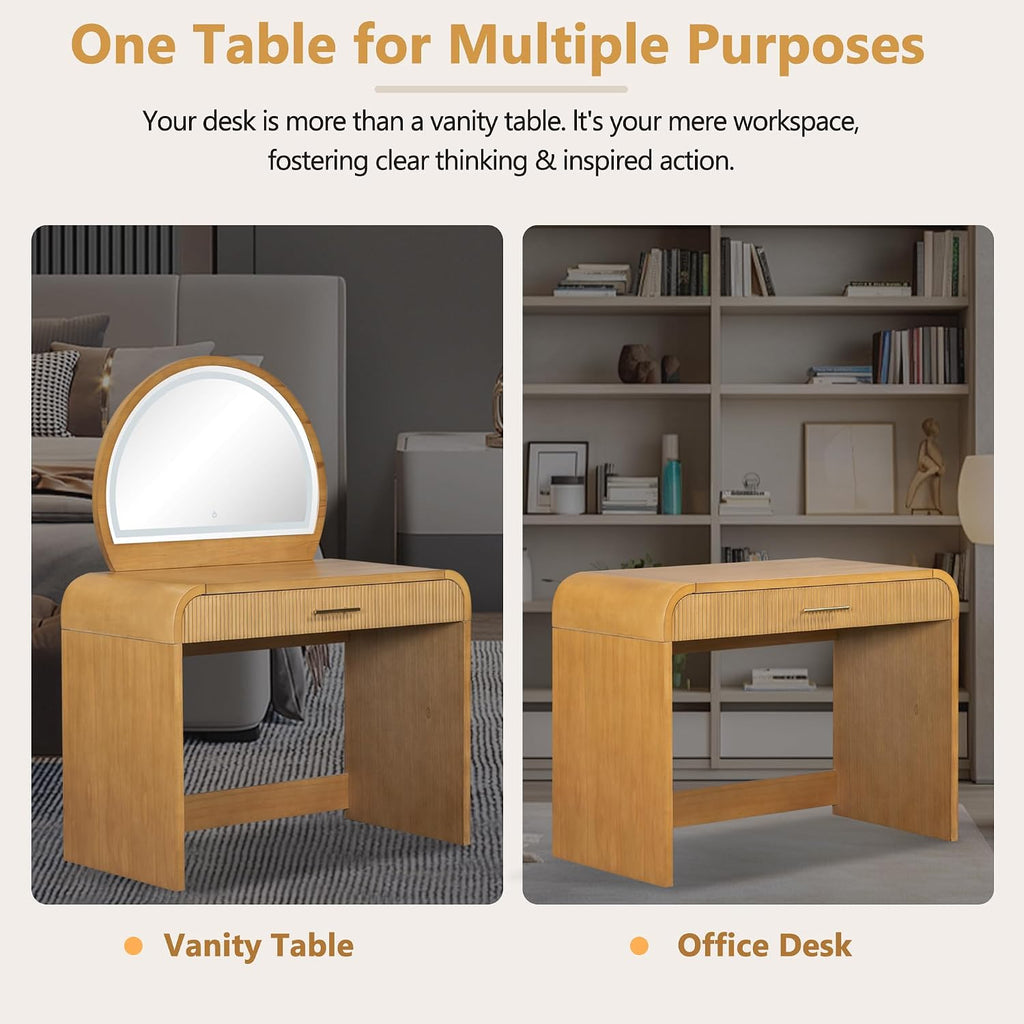 JIJIWANG 39' Makeup Vanity Table with Mirror Touch Screen Lighted Mirror, Dressing Table with Drawer for Bedroom, (Natural, 39' L x 20.1' W x 52.7' H)