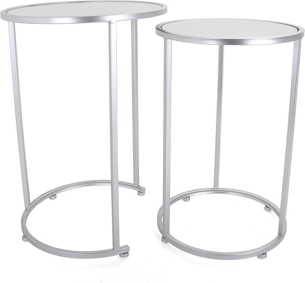 Rutledge & King Round End Table Set - Silver End Tables with Mirrored Tops - Nesting Round Accent Tables - Silver and Mirrored Metal Side Tables Odessa End Table Set