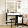 YIKEHOME Small Vanity Desk with Mirror and Lights, Girl Vanity Set with 3-Colour Light and Stool, Makeup Table with Drawers & Cabinet for Bedroom, White (005 White & Black, Large)