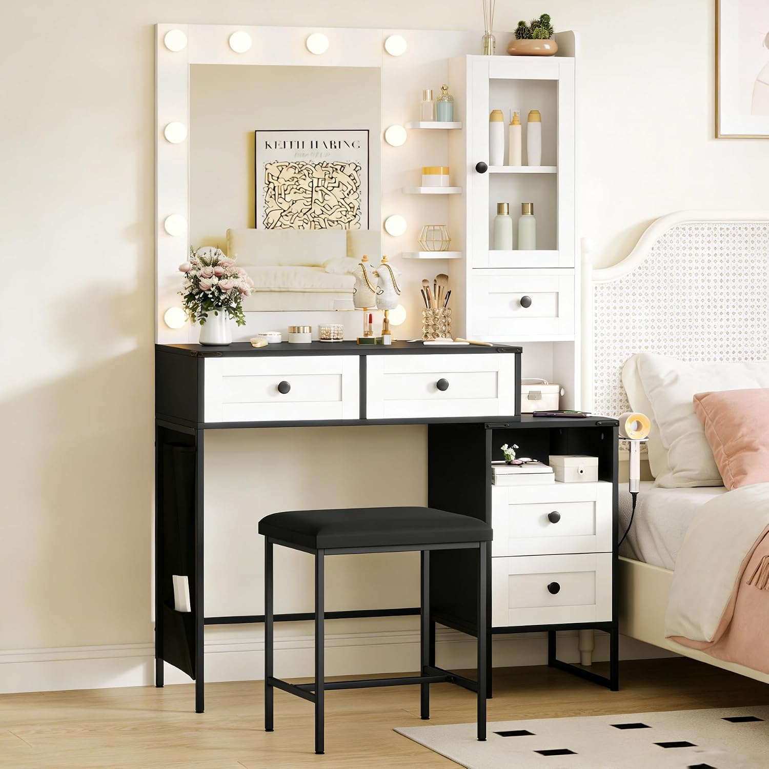 YIKEHOME Small Vanity Desk with Mirror and Lights, Girl Vanity Set with 3-Colour Light and Stool, Makeup Table with Drawers & Cabinet for Bedroom, White (005 White & Black, Large)