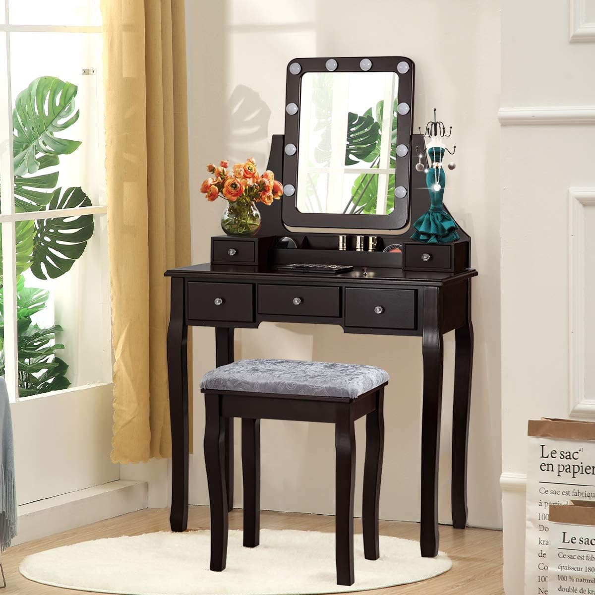 DORTALA Vanity Table Set w/ 360-Degree Rectangular Mirror & Cushioned Stool, Makeup Table w/ 10 LED Dimmable Bulbs, Bedroom Wood Dressing Table w/ 5 Drawers & Removable Box Organizer, Brown
