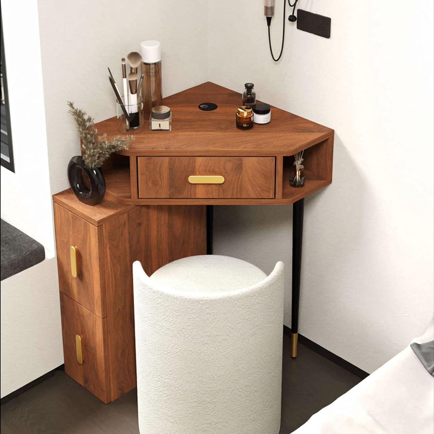 Corner Makeup Vanity Wood with Open Shelf and Drawers Multifunctional Large Storage Cabinet for Cosmetics Organization-B