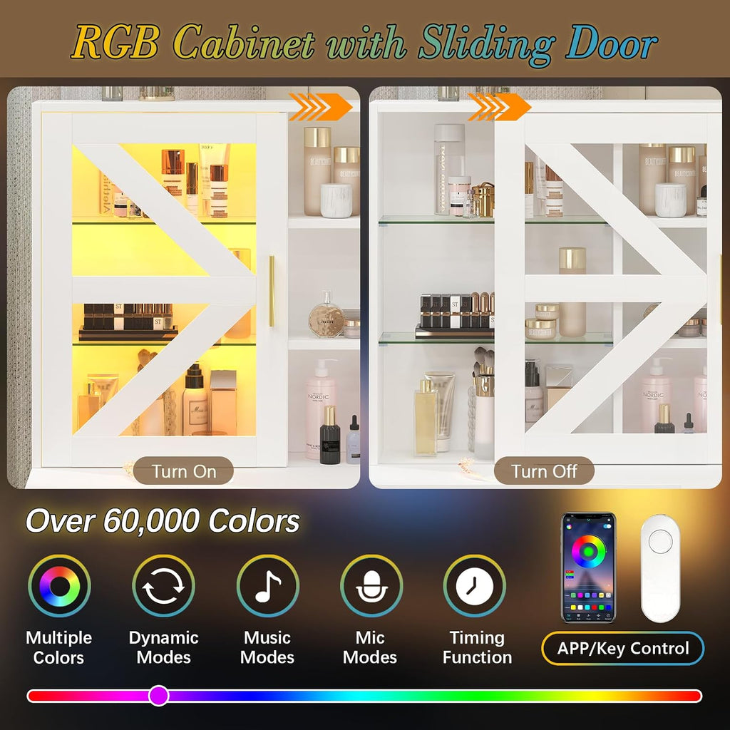 L-Shaped Corner Vanity Desk with LED Lighted Mirror & Charging Station, White Makeup Vanity with 6 Drawers & Sliding RGB Cabinet, Large Farmhouse Dressing Table with Open Storage Shelves for Women