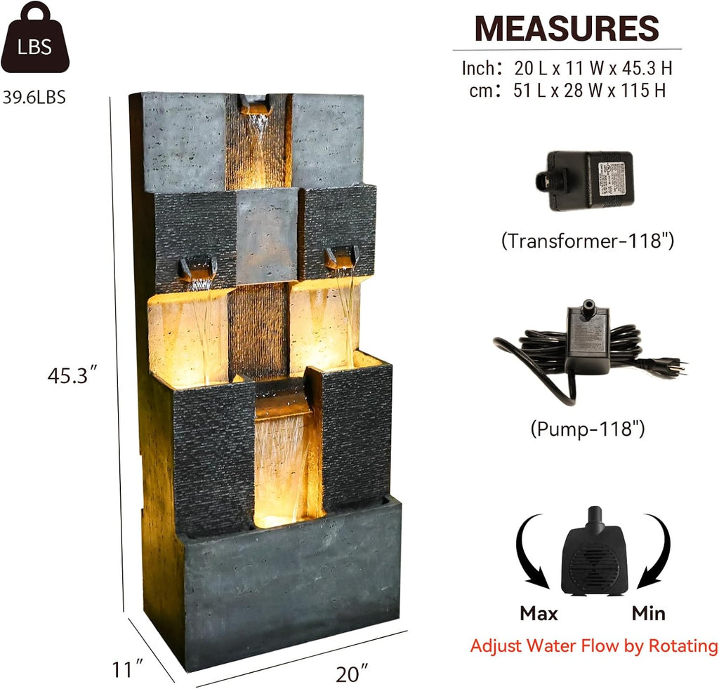 Bumilgar 44.8' H Modern Outdoor Water Fountain with LED Lights and Pump, Mutiply-Tier Standing Cascading Waterfall - Modern Design for Garden,Patio,Yard, Multi-Level Outdoor Decor (Gray)
