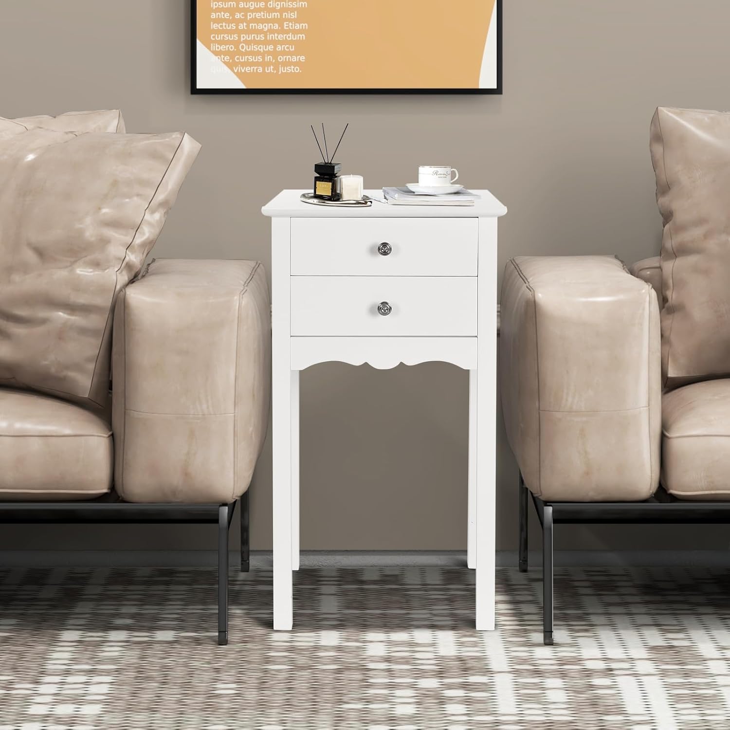 Giantex 2 Pcs End Table w/ 2 Drawers Side Table Nightstand Multi-Purpose Accent Table Living Room Bedroom Home Furniture (2, White)