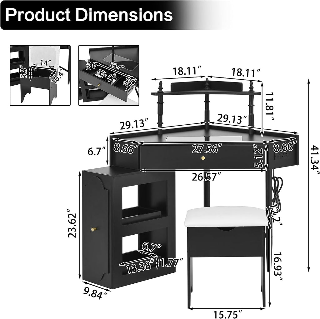 Corner Vanity Desk Set with Storage Cushioned Stool and Charging Station, Triangle Makeup Desk with Removable Pull-Out Side Cabinet, Glass Tabletop, Drawer and Shelf (Black)