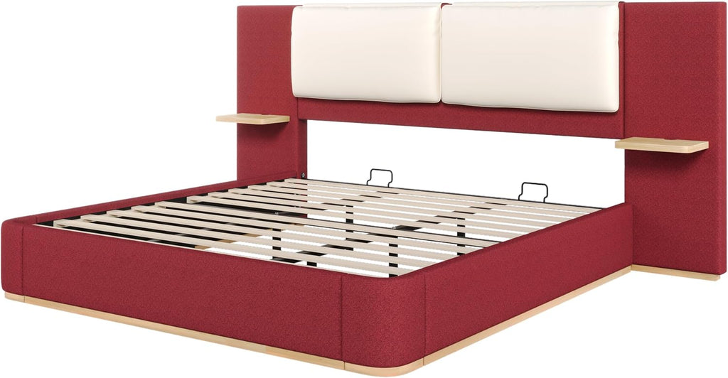 Luxury Bed Frame with Nightstands Modern Bedroom Set, Red King Size Floor Platform Bed with Oversize Soft Upholstered Tall Headboard Bedframe, No Box Spring Needed (Red, King)