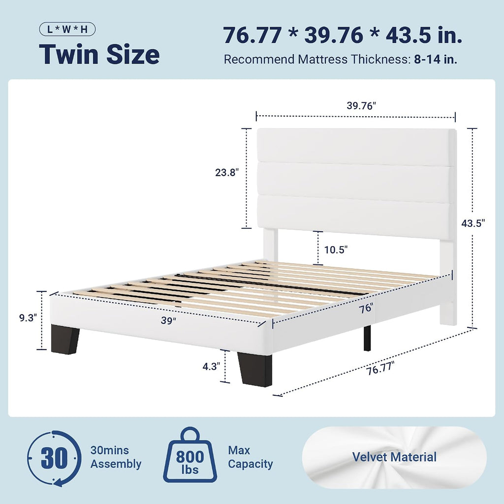 Allewie Twin Size Platform Bed Frame with Velvet Upholstered Headboard and Wooden Slats Support, Fully Upholstered Mattress Foundation/No Box Spring Needed/Easy Assembly, White