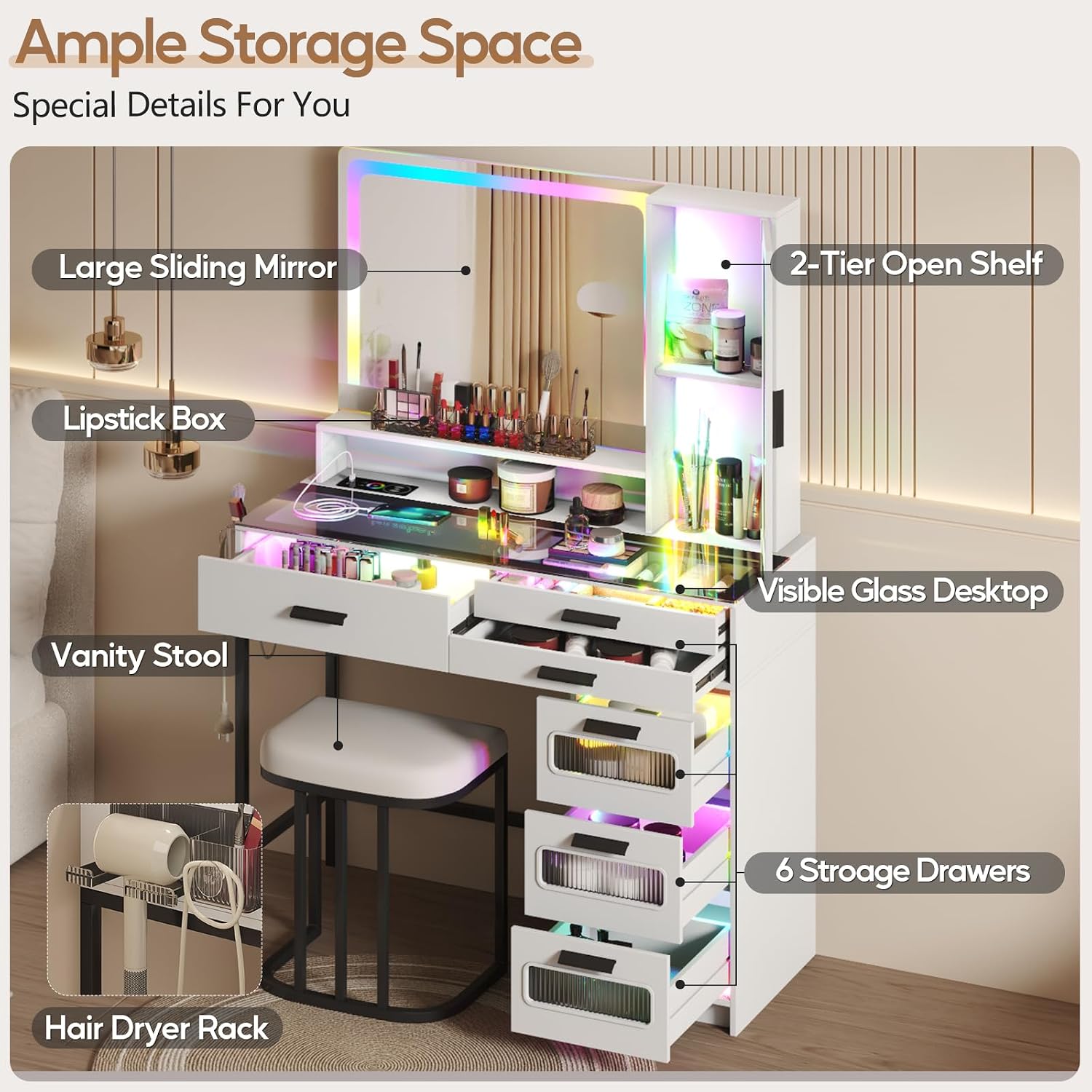 RGB Vanity Desk with Mirror and Lights, Glass Top Makeup Vanity with 6 Drawers & Wireless Charging,Vanity Table Set with RGB Cabinet Light and Jewelry Box, for Girls Bedroom,Black
