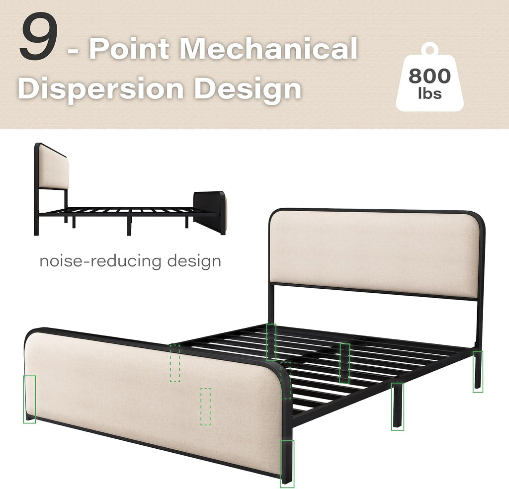 Queen Metal Platform Bed with 4 Under Bed Drawers, Modern Minimalist Linen Upholstered Bed Frame with Headboard & Footboard, Squeak-Free, No Box Spring Needed, Easy Assembly, Cream Beige