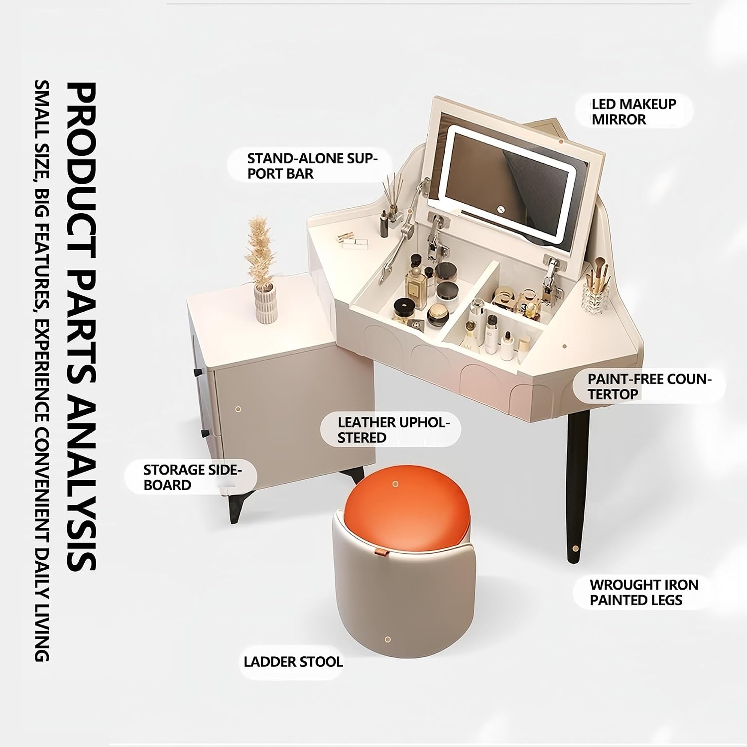 Modern Flip Top Vanity Table with LED Mirror and Drawers, Corner Dresser with Side Storage Cabinet in Small Space, Makeup Desk with Ergonomic Chair(Gray,W/CHR-A)