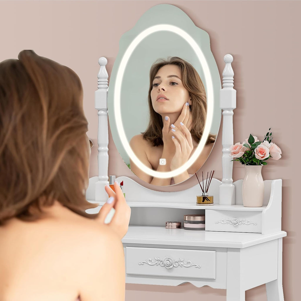 Whalefall Vanity Desk with LED Lighted Mirror & 4 Drawers, Makeup Vanity Table with Cushion Stool, 3 Color Modes & Adjustable Brightness Dressing Table, for Bedroom, White