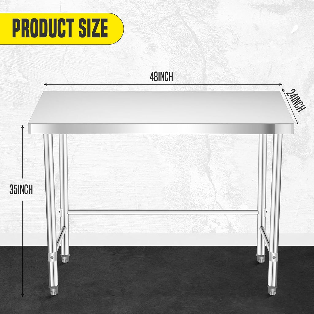 GarveeLife Stainless Steel Work Table, 48x24 x35 Inch, Commercial Kitchen Prep Table with Open Base for Restaurant, Food Prep, Garage and Workshop, Easy to Assemble and Clean, Silver