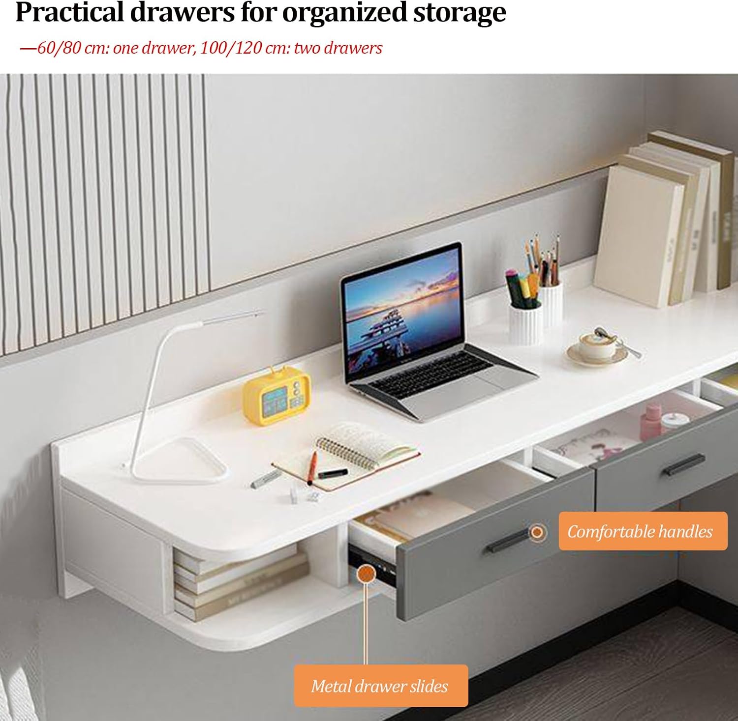 White Corner Floating Makeup Vanity, Wooden Computer Desk with Drawers&Open Storage Space, Wall Mounted Nightstand, Space-Saving, for Bedroom(Right,80cm/31.49in)