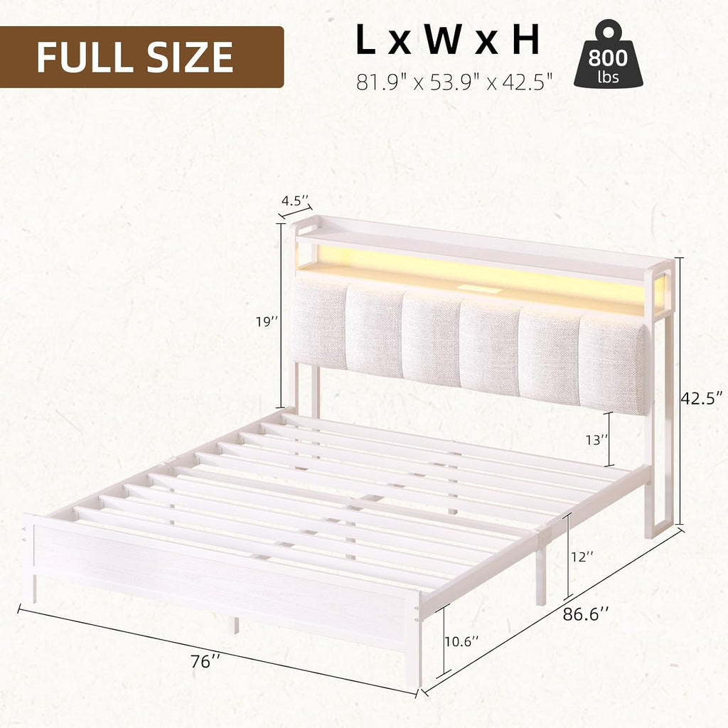 IMMERSTABLE Full Size Bed Frame with LED Lights and Charging Station, Upholstered Storage Headboard, Full Metal Platform Bed Frame with Metal Slats, No Box Spring Needed, Easy Assembly, White
