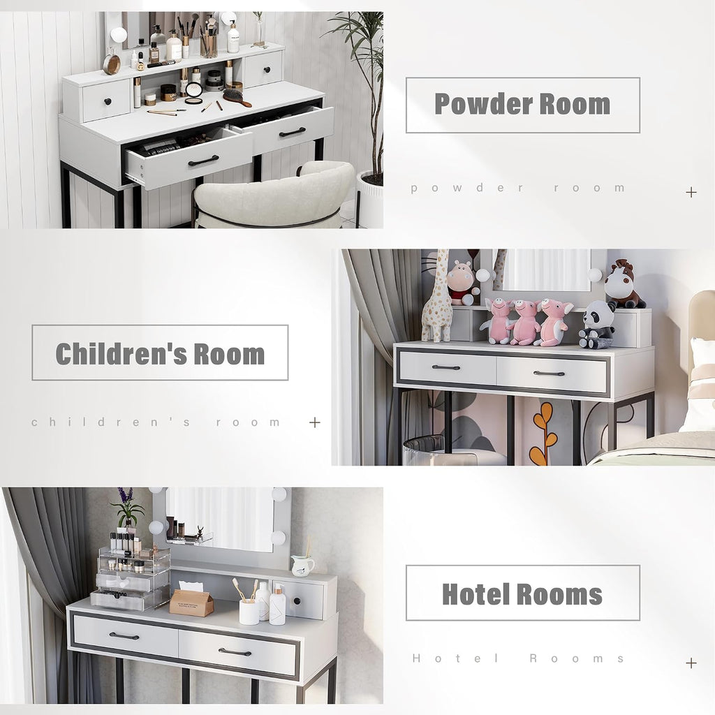 SUNVIVI Vanity, Makeup Vanity Desk with 3 Color Dimmable Lighted Hollywood Mirror, White Vanity with 4 Drawers, Large Dressing Table for Women Girls