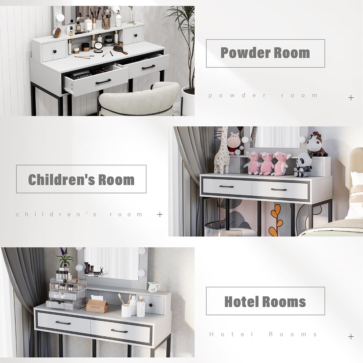 SUNVIVI Vanity, Makeup Vanity Desk with 3 Color Dimmable Lighted Hollywood Mirror, White Vanity with 4 Drawers, Large Dressing Table for Women Girls