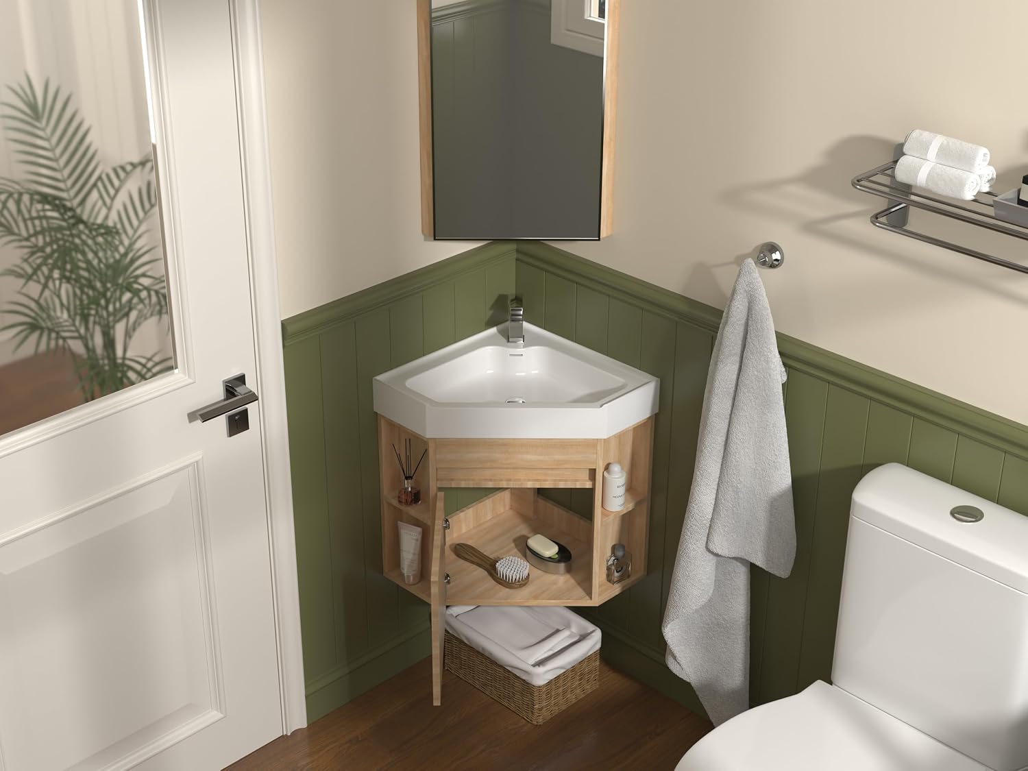 Tennant Brand 18 Inch Wall Mount Corner Bathroom Vanity with Matte Solid Surface (Light Oak)