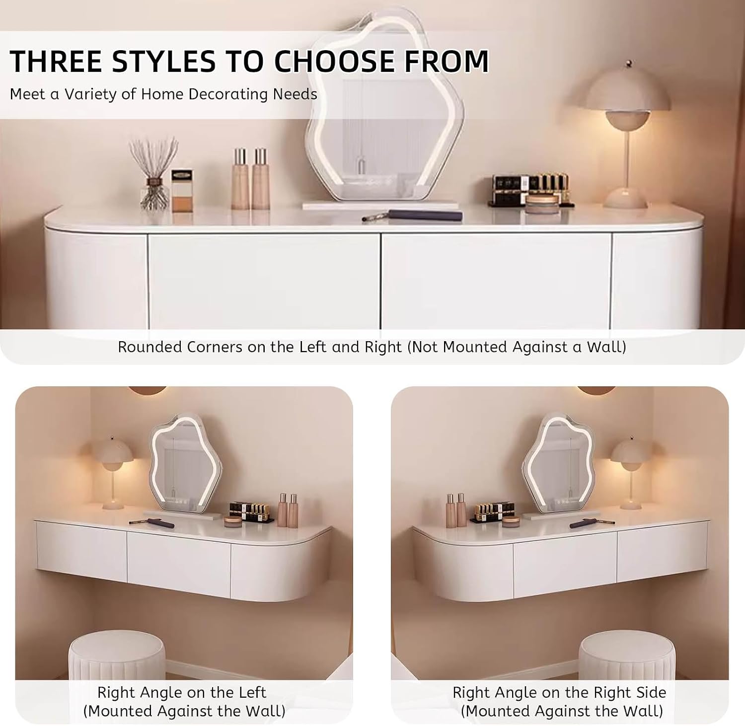 Floating Vanity Makeup Table White Wall Mounted Dressing Table Dresser With Mirror Floating Corner Desk For Bedroom Hanging Desk With Drawers Small Space Vanity With Lighted Mirror Shelf Wall-mounted(