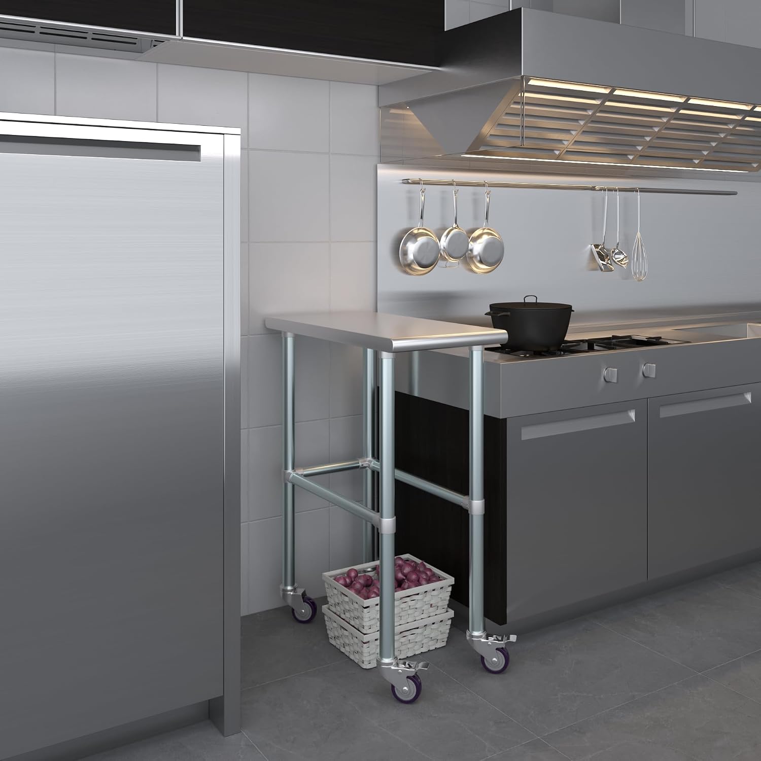 AmGood Stainless Steel Work Table Open Base & Wheels | Work Station | Metal Work Bench (Stainless Steel Work Table Open Base + Casters, 15' Long x 30' Deep)