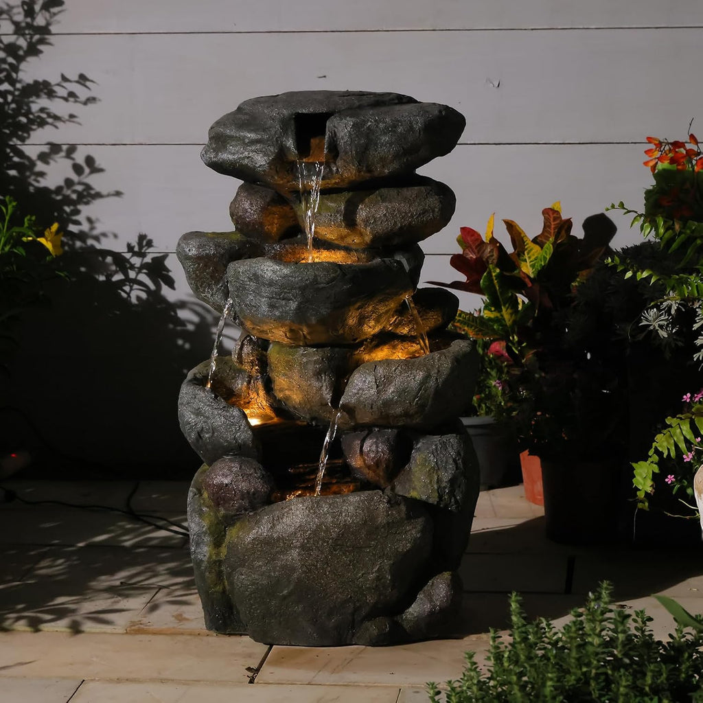 Bumilgar The 4-Tiered Water Fountain Outdoor&Indoor Fountain with Lights, 28.35' Waterfall Fountain for Garden, Patio, Yard, and Lawn, Natural Stone Look Water Features Outdoor Patio