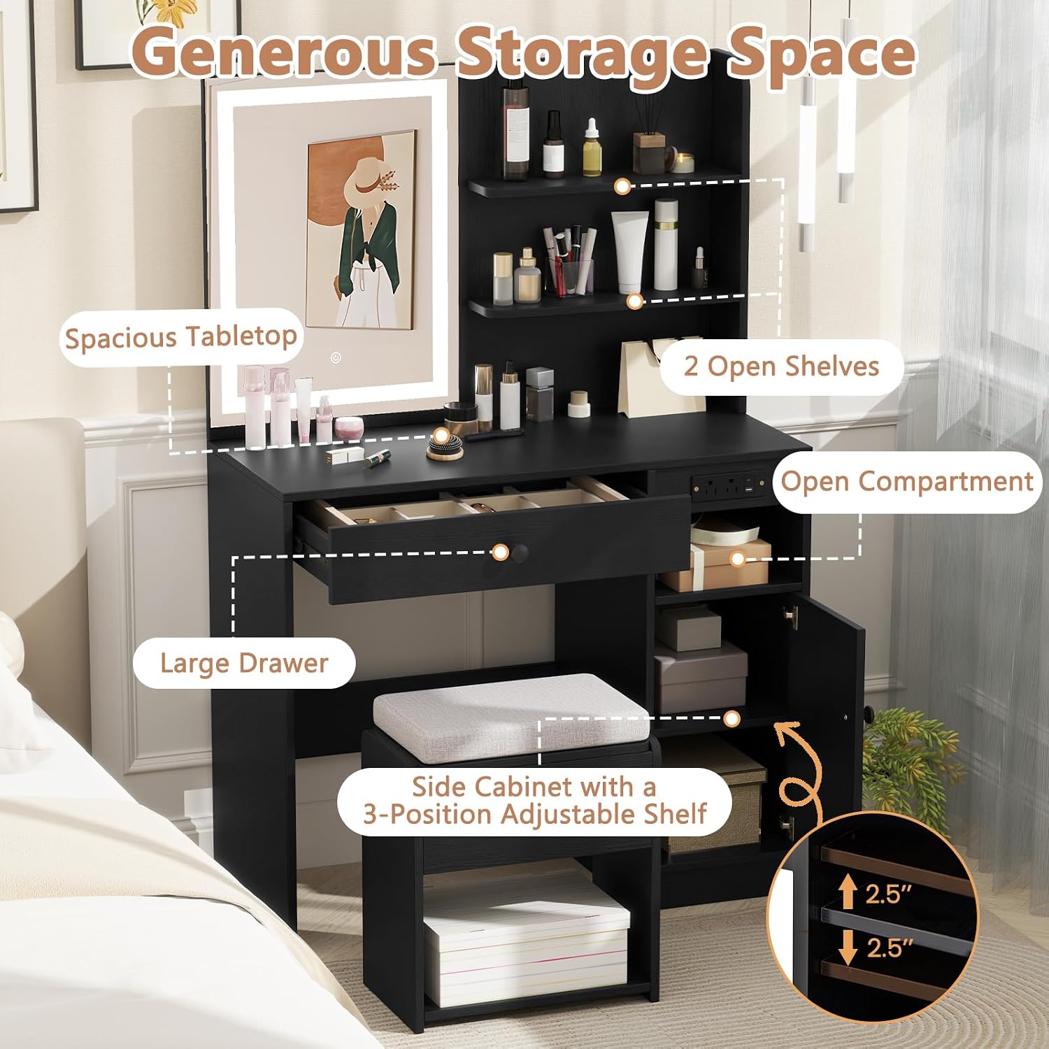 GOFLAME Makeup Vanity Set with Mirror and Lights, Vanity Desk with Charging Station, Storage Stool, 3-Color Lights, Drawer, Cabinet, Adjustable Shelf, Modern Dressing Table and Chair Set (Black)