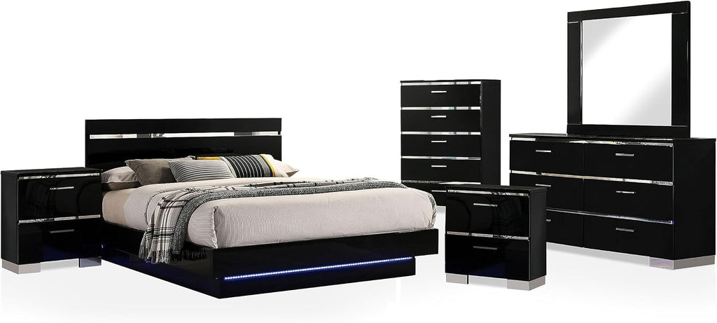 Furniture of America Alexandria Glam Wood 6-Piece Bedroom Set with Embedded LED Light, USB Charger, Felt-Lined Top Drawers, No Box Spring Required for Bedroom, Guest Room Bed, King, Black, Chrome