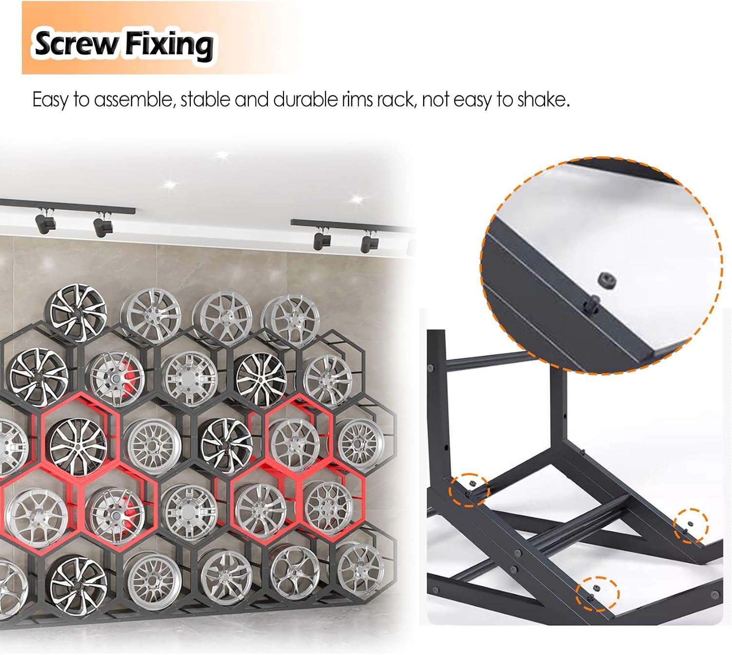 Hexagon Rim Tire Storage Tire Rack, Wall Tyre Display Holder for Garage Storeroom Car Dealerships, Triangle Iron Base Spare Tire Equipment Shelf -2+1
