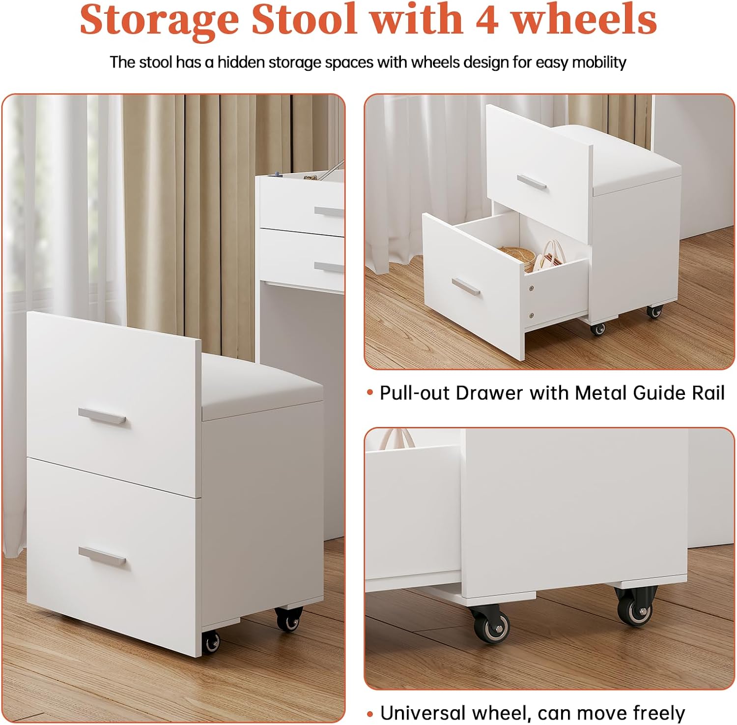 3 in 1 Vanity Desk with Flip Top Mirror, Compact Vanity with 3 Drawers, Makeup Desk with 3 Colors Lights and Storage Cushioned Stool, Dressing Table Nightstand Perfect for Bedroom, White