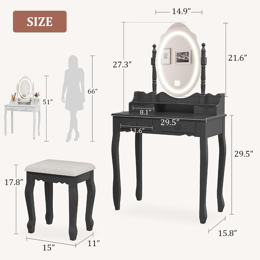 Vanity Desk with LED Lighted Mirror & 4 Drawers, Makeup Vanity Table with Cushion Stool, 3 Color Modes & Adjustable Brightness Dressing Table, for Bedroom, Black (Black)