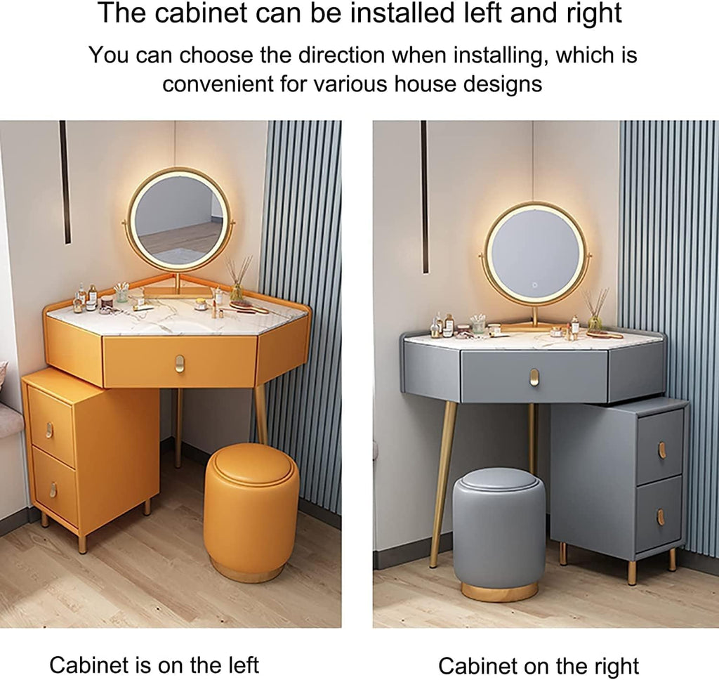 Vanity Desk Corner Design Makeup Vanity Set with Lighted Mirror Vanity Table Cabinet and Cushioned Stool Dressing Table,Gris,Orange