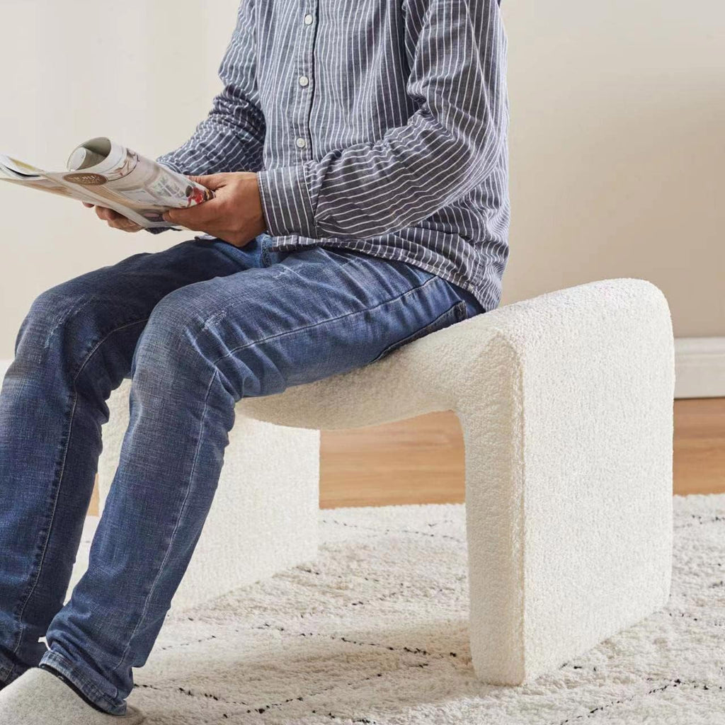 Modern Boucle Ottoman, Vanity Stool Chair, Foot Stool with Wooden Legs Sofa Bench Footstool Extra Seat for Vanity, Makeup Room, Living Room, Entryway, Set 2, White