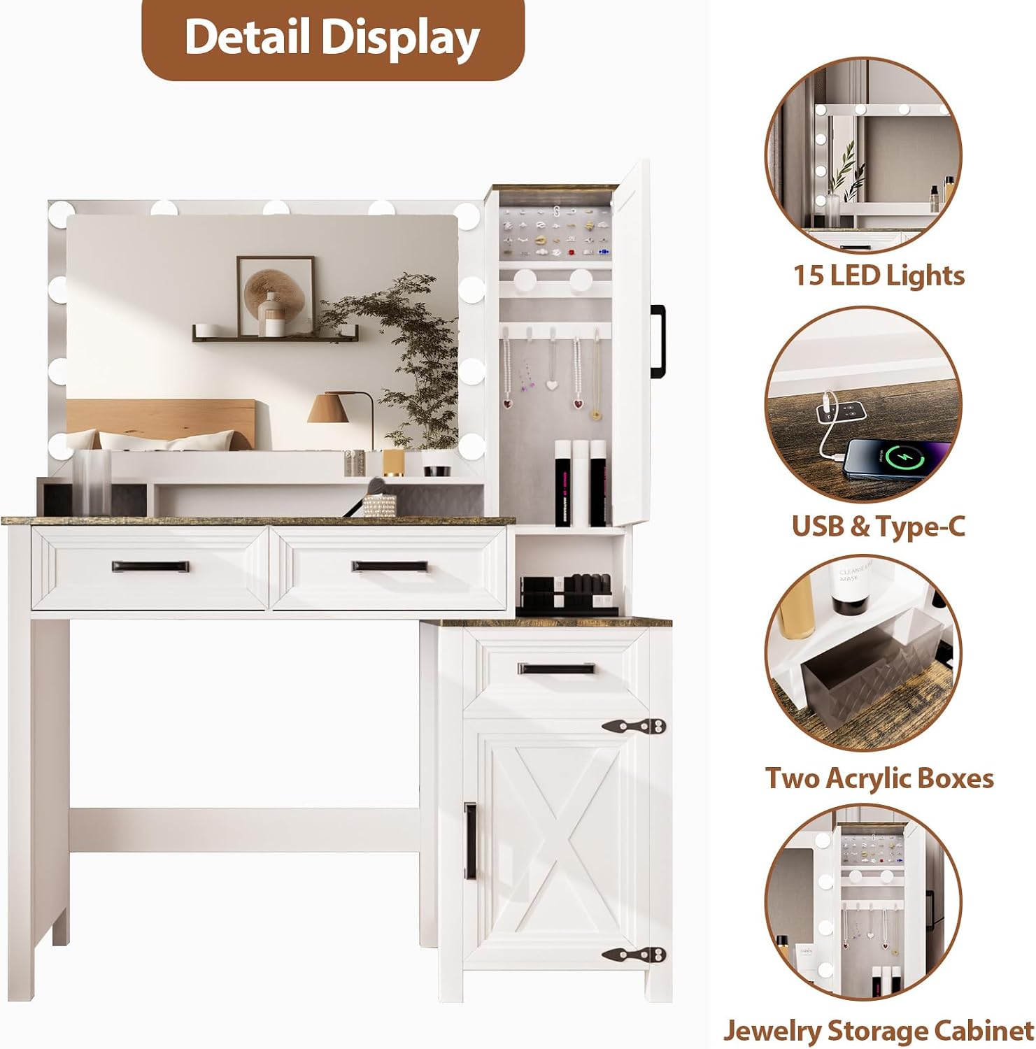 Topcomfy Farmhouse Vanity Desk with 3 Adjustable Light Colors & Power Outlet, White Makeup Vanity Table with Sliding Jewelry Cabinet, Built-in Lipstick Organizer, 3 Drawers & Shelves for the Bedroom