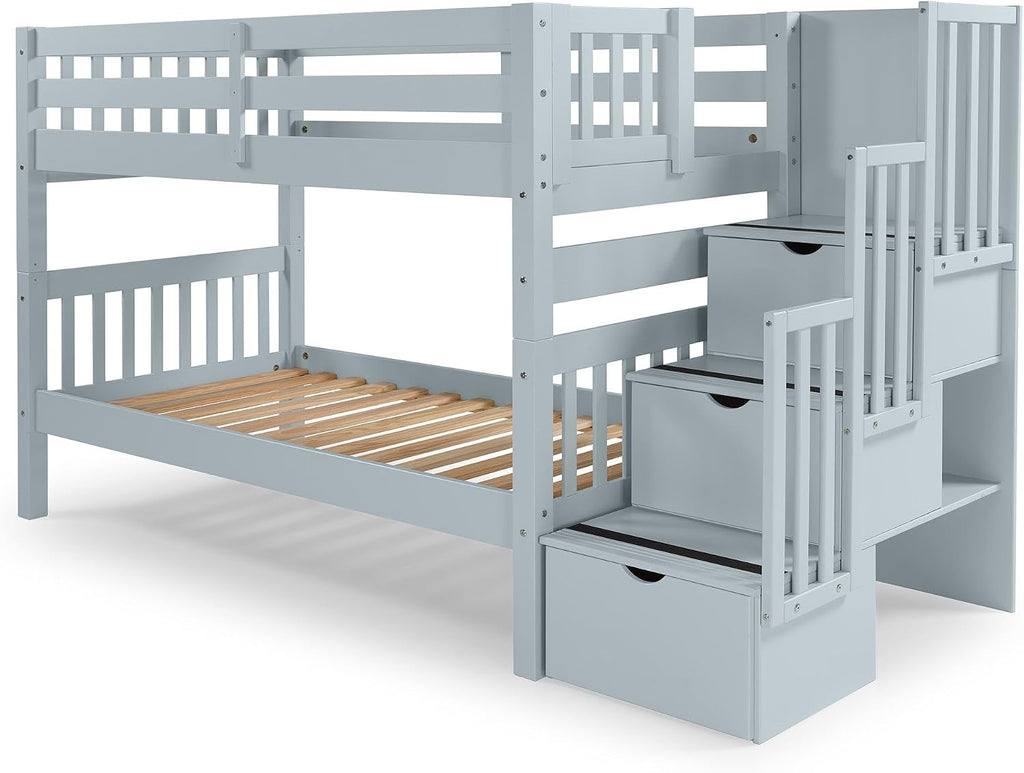 Bedz King Stairway Bunk Beds Twin Over Twin, 3 Step Drawers, Breezy Blue