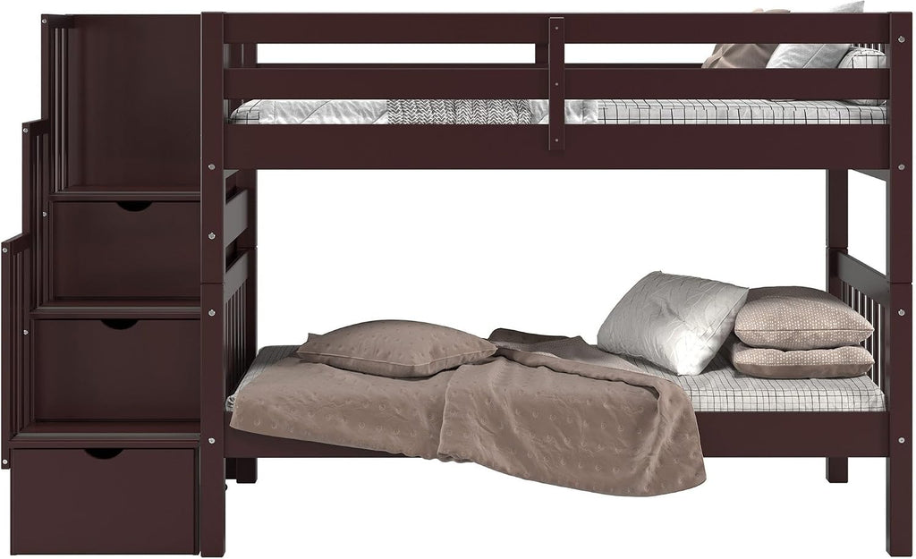 Bedz King Stairway Bunk Beds Twin Over Twin, 3 Step Drawers, Dark Cherry
