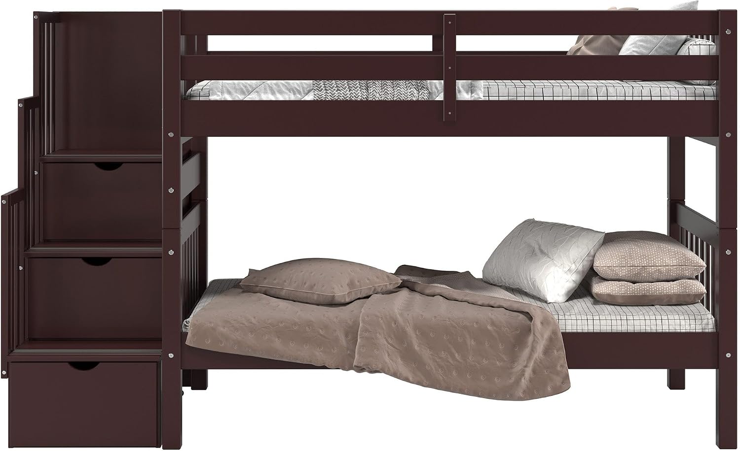 Bedz King Stairway Bunk Beds Twin Over Twin, 3 Step Drawers, Dark Cherry