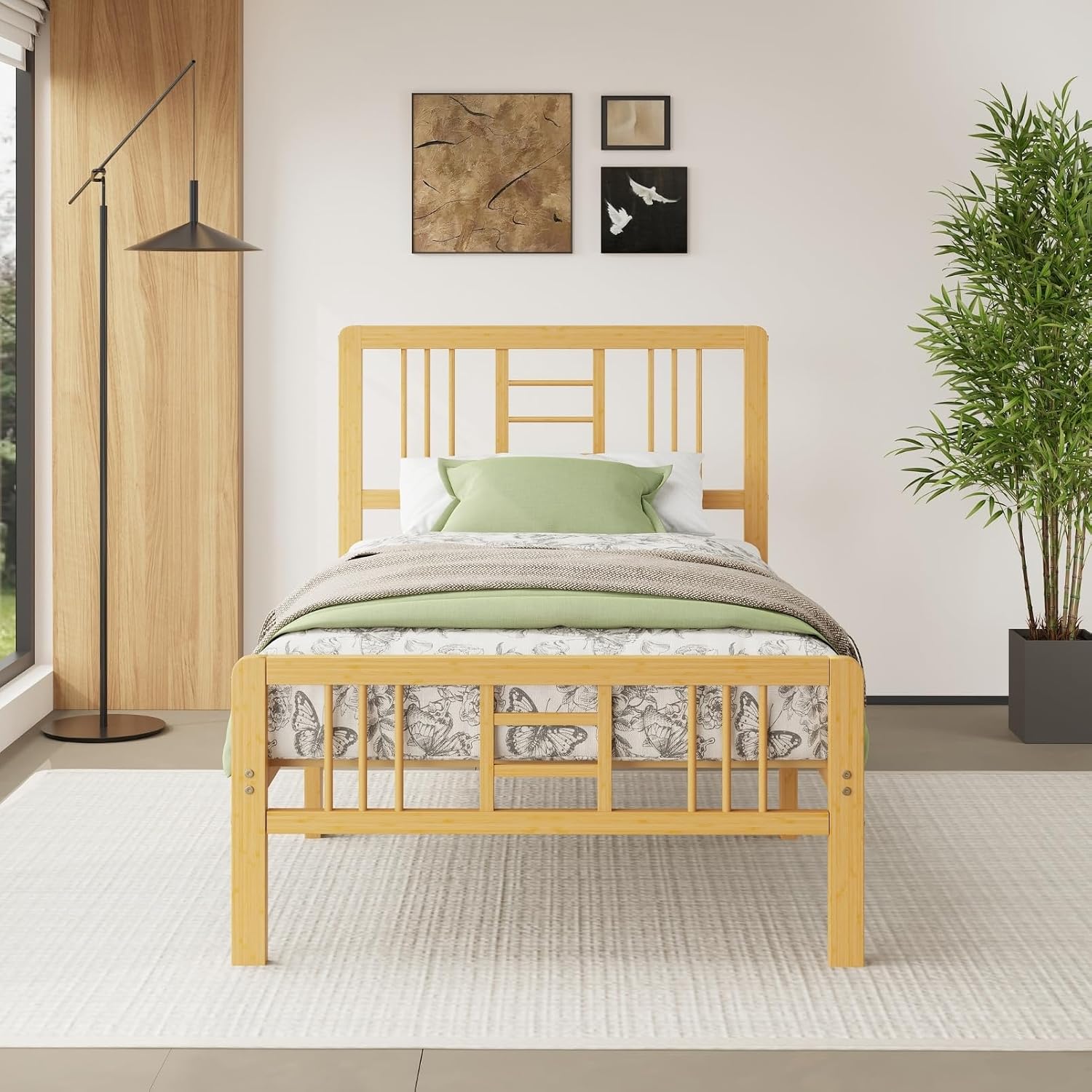 14 Inch Bamboo Wood Twin Size Platform Bed Frame with Headboard and Footboard, Metal Slat Support Bed Frame Twin Heavy Duty, No Box Spring Needed, Easy Assembly, Noise Free, Reinforced