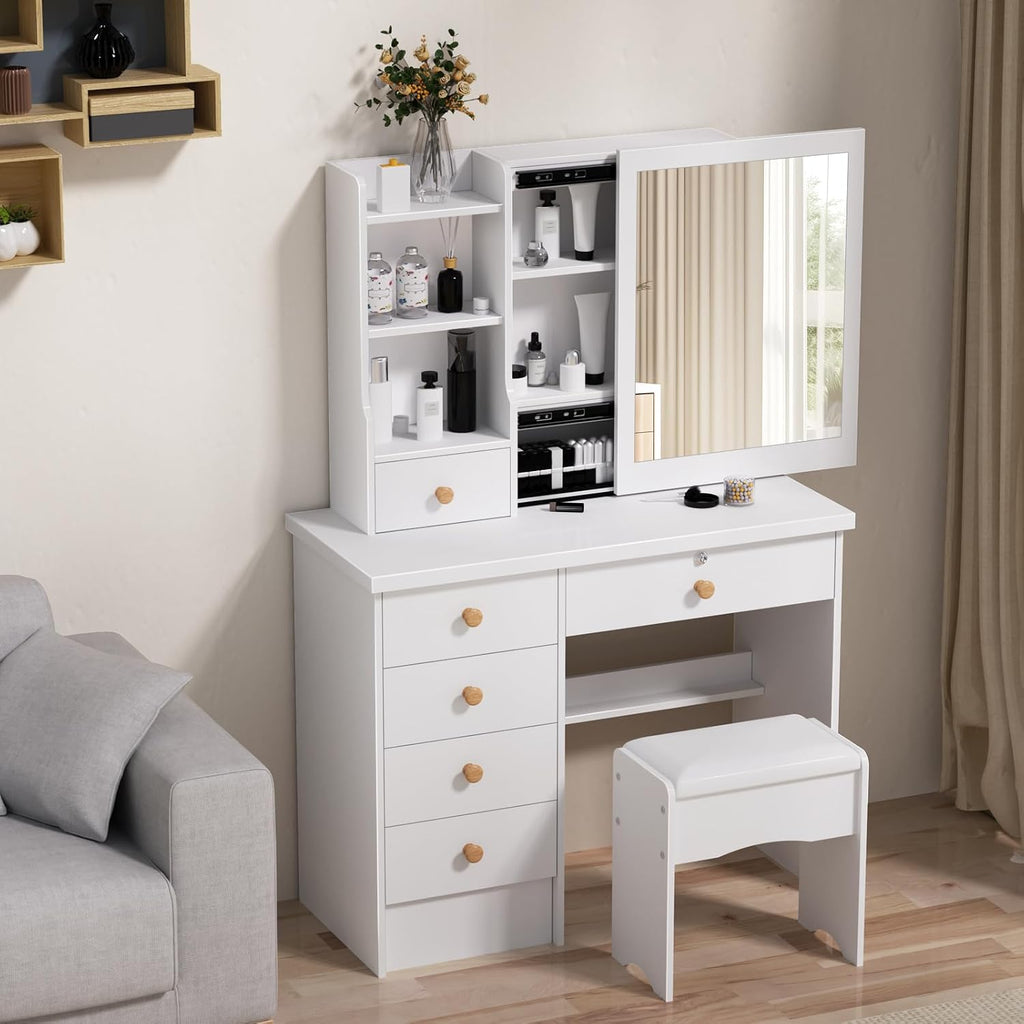 Vanity Desk with Mirror, Teen Girls White Makeup Vanity Table, Dresser with mirror, Bedroom Vanity Set with 6 Spacious Drawers ,Shelves Dressing Desk for Bedroom Dressing Room, Vanity Benches (White)