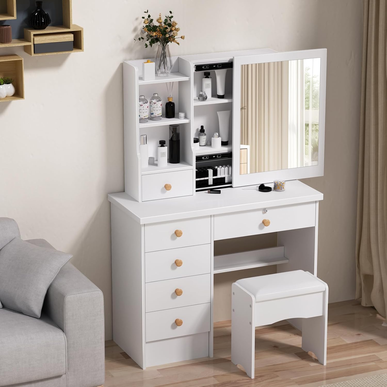 Vanity Desk with Mirror, Teen Girls White Makeup Vanity Table, Dresser with mirror, Bedroom Vanity Set with 6 Spacious Drawers ,Shelves Dressing Desk for Bedroom Dressing Room, Vanity Benches (White)