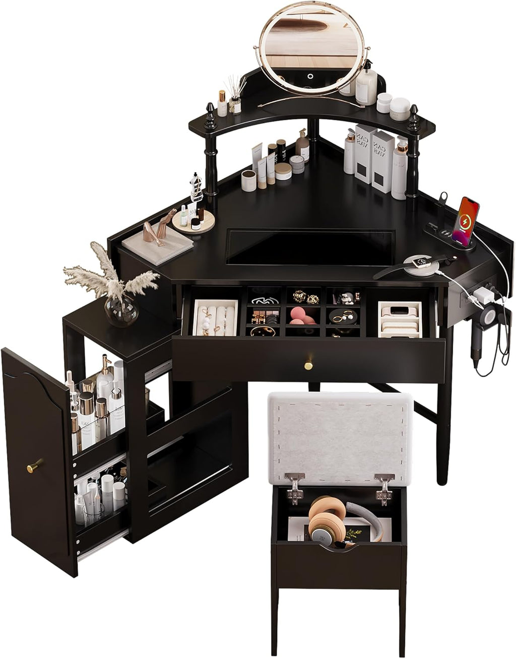 Corner Vanity Desk Set with Storage Cushioned Stool and Charging Station, Triangle Makeup Desk with Removable Pull Out Side Cabinet, Glass Tabletop Makeup Vanity Desk with Drawer and Shelf, Black