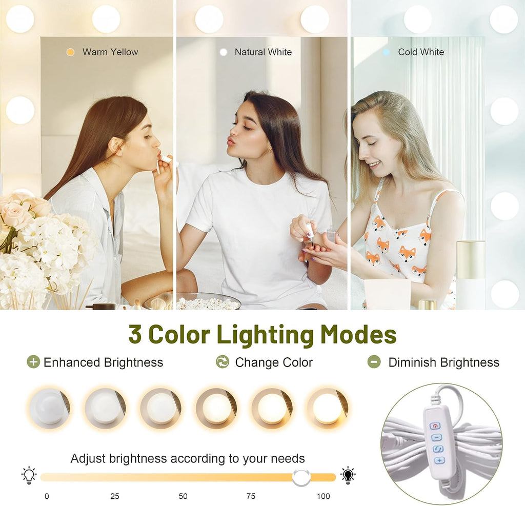 Merax 43.3' L Makeup Vanity with Mirror and Light, Extra 7-Tier Storage Shelves, White Vanity Desk Dressing Table with Power Outlet and 11 Drawers, 3 Color Light Modes for Bedroom or Dressing Room