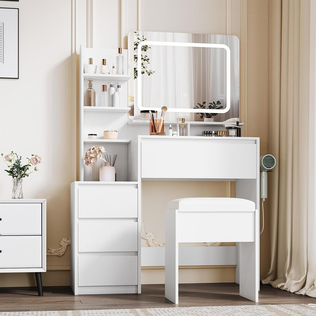 Vanity Desk With Mirror and LED Lights, 36-Inch Makeup Vanity Desk, Power Outlet, USB Ports, Stool, 3 Color Adjustable Light, Dressing Table With 4 Drawers, Storage Shelves for Bedroom, Women (White)